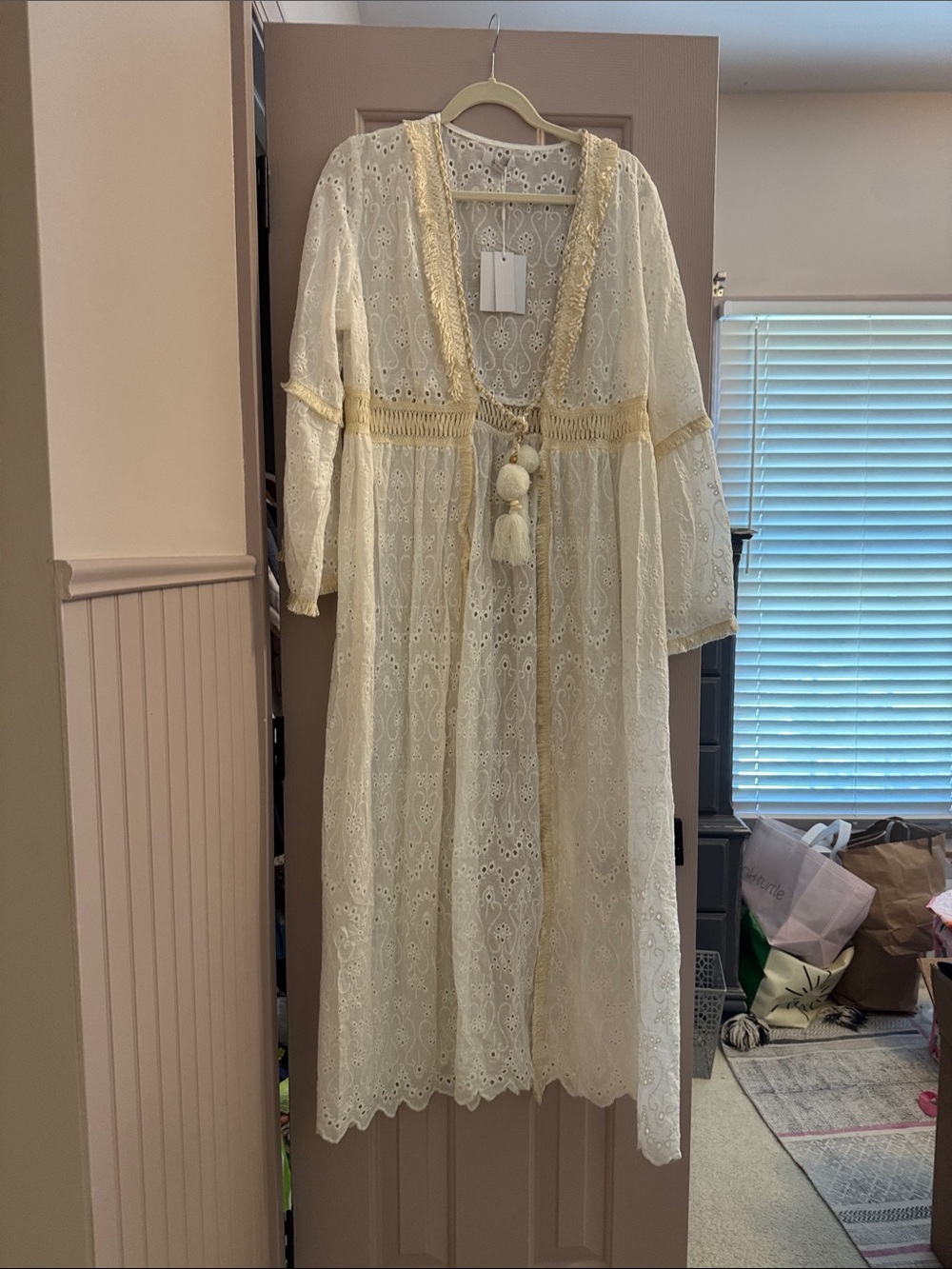 Add Confident NWT Ivory Eyelet Lace duster with Tassel Detailing